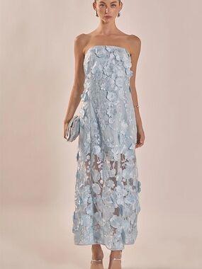 Endless Rose Strapless Pale Blue 3D Floral Maxi Dress